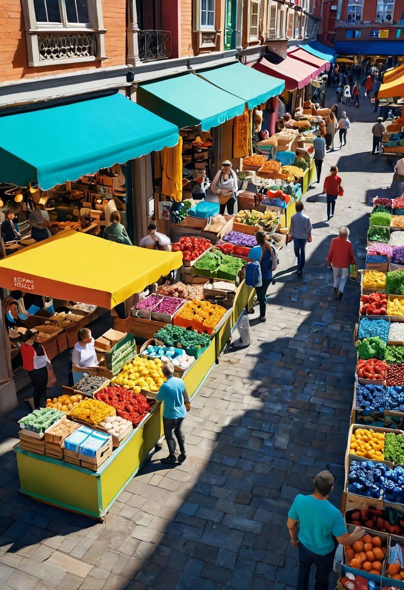 A lively marketplace scene showcasing vibrant stalls filled with an array of colorful products at discounted prices, with enthusiastic shoppers comparing deals. Include elements like bulk bins overflowing with various goods, cheerful signage highlighting discounts, and a backdrop of a sunny day. Capture the bustling energy of budget-friendly shopping. super-realistic. vibrant colors. 3D.
