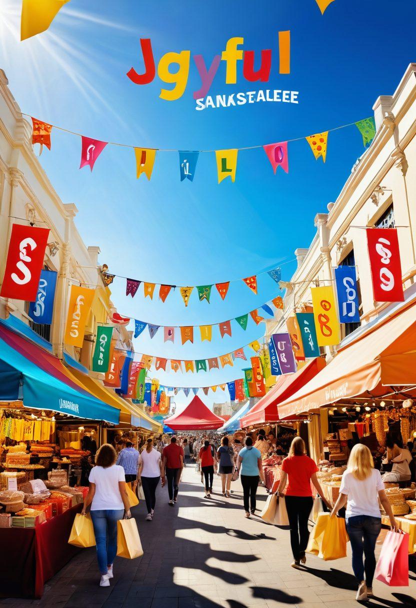 An inviting marketplace filled with colorful stalls displaying various wholesale products, cheerful shoppers with shopping bags, dollar signs floating in the air, and happy expressions on their faces. Bright banners showcasing 'Joyful Savings' and 'Super Value Deals' in bold letters. A warm sunny sky casting a golden glow over the scene. super-realistic. vibrant colors. cheerful atmosphere.