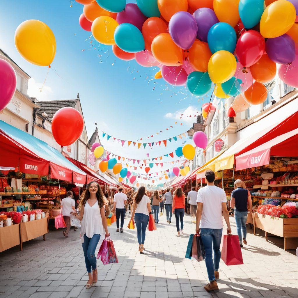 A vibrant marketplace bustling with cheerful shoppers, showcasing premium products on colorful stalls, surrounded by bright balloons and streamers. Include smiling shoppers holding shopping bags filled with items, a backdrop of a sunny sky, and discount signs emphasizing incredible savings. super-realistic. vibrant colors. white background.
